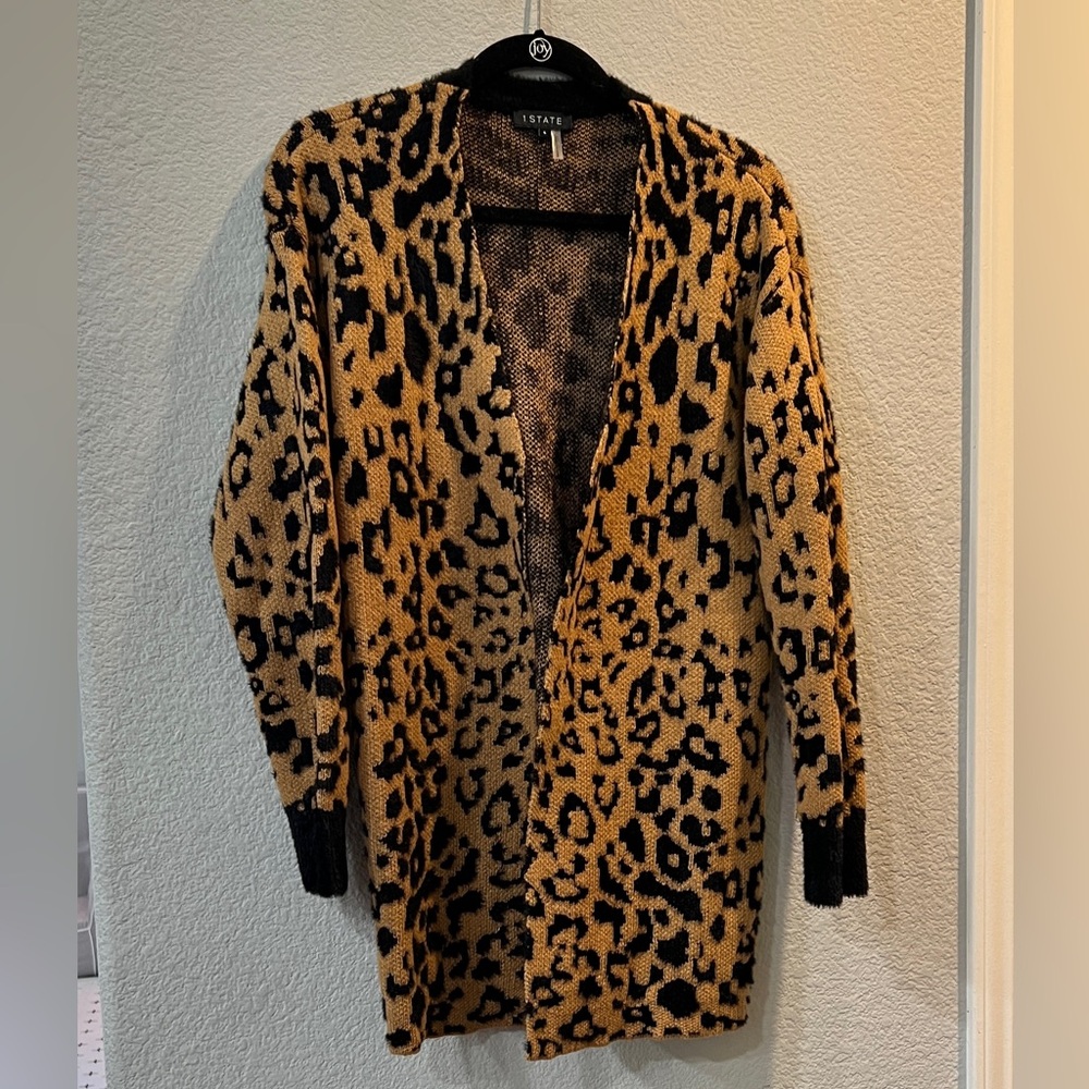 1.STATE Leopard Print Cardigan Sweater